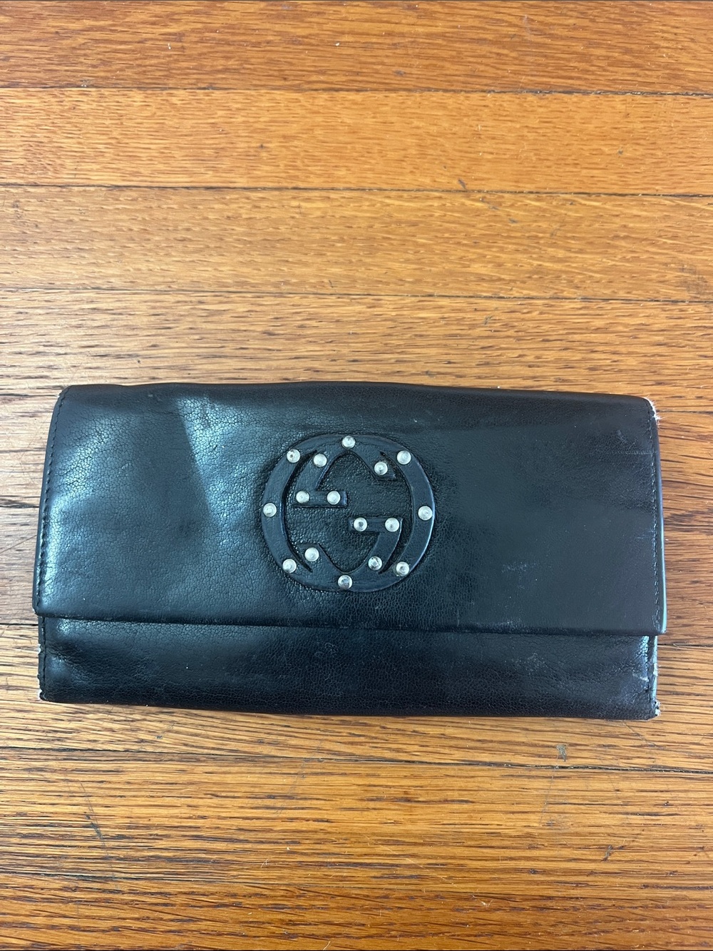 Gucci Black Leather Studded Logo Continental Wallet